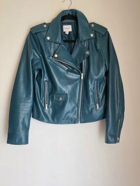 Nine West Teal Faux Leather Moto Jacket w/Silver Hardware Size S